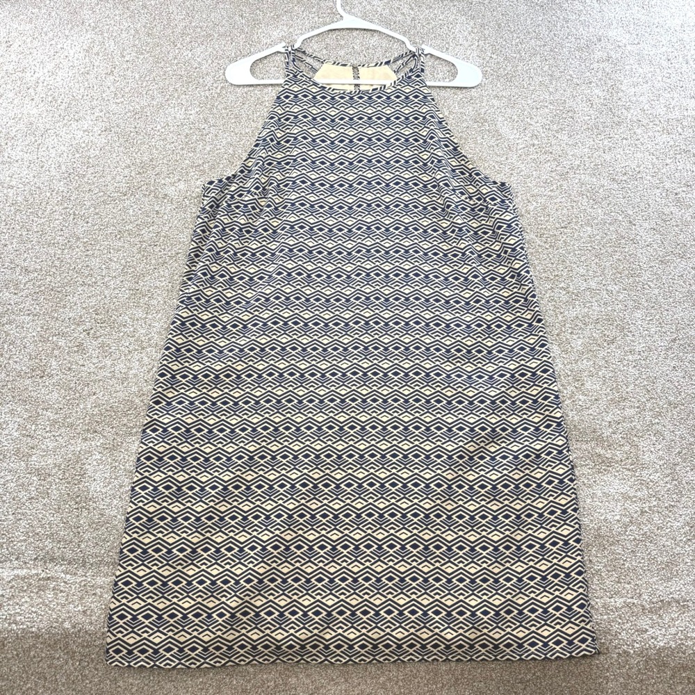 Banana Republic Womens L Halter Neck Shift Dress Tan Navy Geometric Diamond